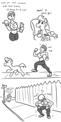 Size: 582x1157 | Tagged: safe, artist:jargon scott, imported from derpibooru, oc, oc only, oc:horsey husband, oc:human wifey, human, pony, comic, dialogue, grayscale, jogging, monochrome, parody, simple background, sweat, white background