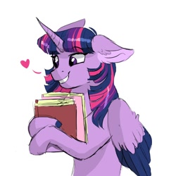 Size: 2000x2000 | Tagged: safe, artist:scarletskitty12, imported from derpibooru, twilight sparkle, alicorn, pony, adorkable, book, cute, dork, ear fluff, female, floppy ears, heart, mare, simple background, smiling, solo, that pony sure does love books, twilight sparkle (alicorn), white background