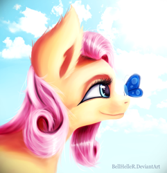 Size: 2800x2900 | Tagged: safe, artist:bellheller, imported from derpibooru, fluttershy, butterfly, pony, bust, cloud, cute, female, insect on nose, looking at something, mare, portrait, profile, shyabetes, sky, smiling, solo