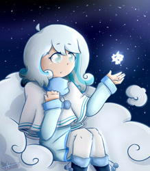 Size: 1983x2267 | Tagged: safe, artist:aniluap-mcmelody, imported from derpibooru, oc, oc only, oc:snowdrop, human, blind, clothes, cloud, coat, female, humanized, humanized oc, night, snow, snowfall, solo