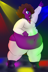 Size: 2000x3000 | Tagged: safe, artist:lupin quill, imported from derpibooru, oc, oc only, oc:boogie hooves, anthro, 70s, afro, belly, belly button, bhm, big belly, clothes, dance floor, dancing, disco, disco outfit, facial hair, fat, male, obese, platform shoes, solo, thunder thighs, tight clothing, wide hips