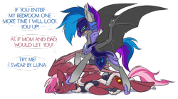 Size: 1280x710 | Tagged: safe, artist:kez, imported from derpibooru, oc, oc only, oc:lyssa, oc:zeny, bat, bat pony, pegasus, pony, angry, argument, armor, clothes, collar, dialogue, duo, duo female, eye contact, fangs, female, fight, helmet, looking at each other, mare, multicolored hair, night guard, open mouth, poking, ragnarok online, simple background, sisters, speech bubble, spread wings, talking, trampling, transparent background, wings