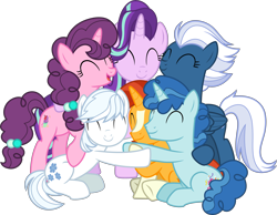 Size: 7122x5527 | Tagged: safe, artist:pink1ejack, imported from derpibooru, double diamond, night glider, party favor, starlight glimmer, sugar belle, sunburst, earth pony, pegasus, pony, unicorn, ^^, absurd resolution, alternate mane six, alternate universe, cute, eyes closed, female, hug, male, mare, not gay, show accurate, simple background, smiling, stallion, transparent background, vector