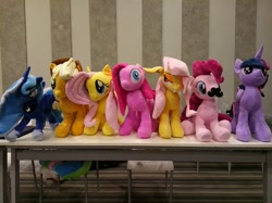 Size: 777x582 | Tagged: safe, artist:hutouluosha, imported from derpibooru, applejack, fluttershy, pinkie pie, princess luna, twilight sparkle, alicorn, pony, china ponycon, facial hair, female, irl, moustache, photo, pinkamena diane pie, plushie, twilight sparkle (alicorn)