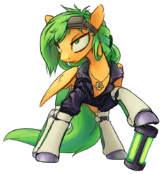 Size: 1376x1466 | Tagged: safe, artist:inlucidreverie, imported from derpibooru, oc, oc only, oc:atom smasher, cyborg, pegasus, pony, the sunjackers, clothes, cyberpunk, female, goggles, jewelry, mare, necklace, new canterlot