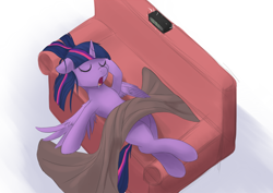 Size: 1200x850 | Tagged: safe, artist:vanillaghosties, imported from derpibooru, twilight sparkle, alicorn, pony, alarm clock, atg 2017, blanket, clock, couch, female, mare, newbie artist training grounds, sleeping, solo, twilight sparkle (alicorn)