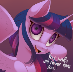 Size: 1681x1661 | Tagged: safe, artist:evehly, imported from derpibooru, twilight sparkle, alicorn, pony, anti-bronybait, bloodshot eyes, bronybait, brutal honesty, bust, crazy eyes, dead eyes, dialogue, ear fluff, female, gradient background, honesty, looking at you, mare, open mouth, public service announcement, reality sucks, smiling, solo, spread wings, subversive kawaii, truth, twilight sparkle (alicorn), waifu, wide eyes, wings, your waifu will never love you