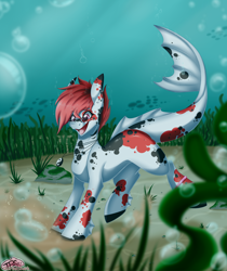 Size: 2600x3100 | Tagged: safe, artist:pinktabico, imported from derpibooru, oc, oc only, fish, original species, pony, bubble, commission, male, open mouth, seaweed, smiling, solo, stallion, underwater