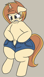 Size: 512x904 | Tagged: safe, artist:andelai, imported from derpibooru, oc, oc only, oc:celice, semi-anthro, unicorn, angry, arm hooves, belly, belly button, bipedal, chubby, clothes, pants, shorts, wide hips