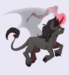 Size: 2133x2311 | Tagged: safe, artist:1an1, imported from derpibooru, king sombra, alicorn, classical unicorn, pony, unicorn, alicornified, blank flank, cloven hooves, glowing horn, leonine tail, looking at you, magic, male, race swap, simple background, smiling, solo, sombracorn, stallion, unshorn fetlocks, wings