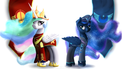 Size: 4800x2700 | Tagged: safe, artist:niegelvonwolf, imported from derpibooru, princess celestia, princess luna, alicorn, pony, absurd resolution, clothes, female, flag, mare, new lunar republic, royal sisters, solar empire