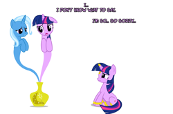 Size: 1048x692 | Tagged: safe, artist:navitaserussirus, imported from derpibooru, trixie, twilight sparkle, genie, pony, asktwixiegenies, cropped, female, lesbian, shipping, twixie