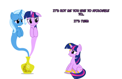 Size: 1050x682 | Tagged: safe, artist:navitaserussirus, imported from derpibooru, trixie, twilight sparkle, genie, pony, asktwixiegenies, cropped, female, lesbian, shipping, twixie