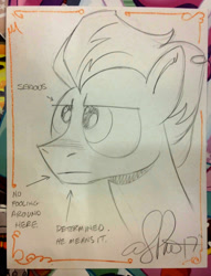 Size: 1957x2555 | Tagged: safe, artist:andypriceart, imported from derpibooru, fire streak, pegasus, pony, bronycon, bronycon 2017, irl, lineart, male, photo, serious, serious face, solo, stallion, traditional art