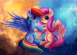 Size: 3000x2125 | Tagged: safe, artist:atlas-66, imported from derpibooru, fluttershy, rainbow dash, pony, fame and misfortune, cute, dashabetes, duo, female, friendshipping, hug, looking at you, mare, scene interpretation, shyabetes, smiling