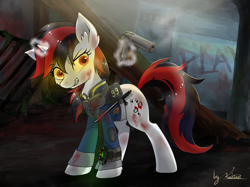 Size: 1707x1280 | Tagged: safe, artist:kaliner123, imported from derpibooru, oc, oc only, oc:blackjack, pony, unicorn, fallout equestria, fallout equestria: project horizons, clothes, female, gun, levitation, magic, mare, shooty look, signature, solo, telekinesis, weapon