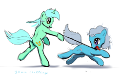 Size: 2000x1300 | Tagged: safe, artist:xbi, imported from derpibooru, lyra heartstrings, screw loose, earth pony, pony, unicorn, 30 minute art challenge, behaving like a dog, duo, duo female, female, leash, pet play, running