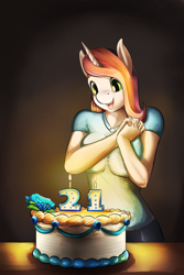 Size: 1200x1800 | Tagged: safe, artist:d-lowell, imported from derpibooru, oc, oc only, oc:lilly, anthro, unicorn, anthro oc, big breasts, breasts, cake, candle, clothes, female, food, happy, mare, shirt, smiling