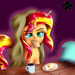 Size: 3000x3000 | Tagged: safe, artist:katakiuchi4u, imported from derpibooru, sunset shimmer, pony, unicorn, atg 2017, bags under eyes, blanket, bread, coffee, cup, egg, egg (food), female, floppy ears, food, fork, frown, glare, glow, glowing, lidded eyes, mare, morning ponies, mouth hold, mug, newbie artist training grounds, nom, nose wrinkle, pillow, plate, purple background, simple background, sleepy, solo, sweet dreams fuel, table, tired, unamused