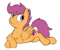 Size: 1800x1500 | Tagged: safe, artist:womo, imported from derpibooru, scootaloo, pegasus, pony, belly button, cute, female, filly, prone, simple background, smiling, solo, white background