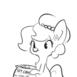 Size: 1650x1650 | Tagged: safe, artist:tjpones, imported from derpibooru, oc, oc only, oc:brownie bun, earth pony, pony, horse wife, black and white, chest fluff, chips, cute, ear fluff, food, grayscale, monochrome, simple background, solo, white background