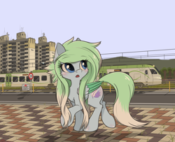 Size: 2200x1785 | Tagged: safe, artist:orang111, imported from derpibooru, oc, oc only, oc:amaranthine sky, pegasus, pony, apartment, building, female, scenery, solo, stadler flirt, town, train