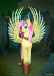 Size: 1917x2700 | Tagged: safe, artist:mailner, imported from derpibooru, fluttershy, deer, deer pony, original species, pony, amulet, antlers, bark, colored wings, everfree forest, female, gem, large wings, mare, solo, wings