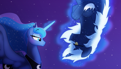 Size: 1499x860 | Tagged: safe, artist:faith-wolff, imported from derpibooru, princess luna, alicorn, kaiju pony, pony, unicorn, fanfic:the bridge, duo, ethereal mane, female, flying, godzilla (series), godzilla junior, lunazilla, magic, male, mare, night, ponified, shipping, silly, stallion, starry mane, telekinesis, unamused, upside down