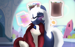 Size: 1491x939 | Tagged: safe, artist:faith-wolff, imported from derpibooru, oc, oc:blade dancer, pegasus, pony, fanfic:the bridge, bladenilla, blushing, crossover, crystal empire, cute, duo, eyes closed, eyeshadow, female, godzilla (series), magic, makeup, male, mare, shipping, smiling, spacegodzilla, stallion, telekinesis, tricorn, xenilla