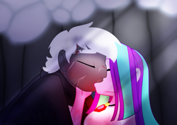 Size: 1431x1008 | Tagged: safe, artist:faith-wolff, imported from derpibooru, aria blaze, fanfic:the bridge, equestria girls, crossover, crossover shipping, duo, equestria girls-ified, eyes closed, female, hand on face, jewelry, kissing, male, monster x, necklace, scar, shipping, straight