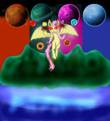Size: 1000x1100 | Tagged: safe, artist:tranvybang123456789, imported from derpibooru, fluttershy, bat pony, pony, eclipse, flutterbat, moon, nebula, ocean, pumpkin, race swap, snowman, solar eclipse, sun, terraria