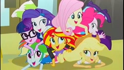 Size: 1920x1080 | Tagged: safe, imported from derpibooru, screencap, applejack, fluttershy, pinkie pie, rainbow dash, rarity, sci-twi, sunset shimmer, twilight sparkle, epic fails (equestria girls), eqg summertime shorts, equestria girls, female, happy, humane five, humane seven, humane six, pile, sleeveless, smiling, tanktop