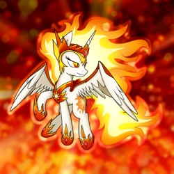 Size: 2550x2550 | Tagged: safe, artist:conniethecasanova, artist:flamevulture17, edit, imported from derpibooru, daybreaker, alicorn, pony, a royal problem, female, fire, mane of fire, mare, smiling, solo, white sclera