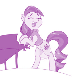 Size: 747x800 | Tagged: safe, artist:dstears, imported from derpibooru, coloratura, earth pony, pony, the mane attraction, atg 2017, bipedal, eyes closed, female, mare, monochrome, musical instrument, newbie artist training grounds, open mouth, piano, simple background, singing, smiling, solo, white background