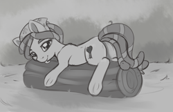 Size: 1698x1101 | Tagged: safe, artist:dusthiel, imported from derpibooru, tree hugger, pony, butt, cute, female, grayscale, log, monochrome, plot, solo, tongue out, underhoof