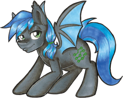 Size: 904x720 | Tagged: safe, artist:bumblebun, imported from derpibooru, oc, oc only, oc:midnight aegis, bat pony, pony, badge, simple background, solo, traditional art, transparent background