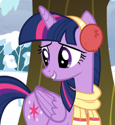 Size: 730x795 | Tagged: safe, imported from derpibooru, screencap, twilight sparkle, alicorn, pony, tanks for the memories, adorkable, clothes, cropped, cute, dork, earmuffs, female, folded wings, mare, nature, outdoors, scarf, snow, solo, tree, twiabetes, twilight sparkle (alicorn)