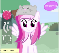 Size: 608x553 | Tagged: safe, artist:comfydove, artist:heartwarmer-mlp, imported from derpibooru, oc, oc only, oc:comfy dove, pegasus, pony, game, hat, simulator, solo