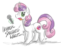 Size: 1416x1118 | Tagged: safe, artist:flutterthrash, imported from derpibooru, sweetie belle, pony, atg 2017, cannibal corpse, death metal, dialogue, female, hammer smashed face (song), magic, metal, microphone, newbie artist training grounds, solo, song reference, telekinesis