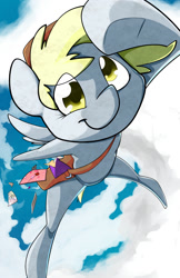 Size: 792x1224 | Tagged: safe, artist:graphic-lee, imported from derpibooru, derpy hooves, pegasus, pony, cloud, female, flying, letter, mailbag, mailmare, mare, solo