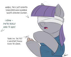 Size: 1500x1206 | Tagged: safe, artist:ncmares, imported from derpibooru, maud pie, pony, atg 2017, blindfold, clothes, dialogue, female, implied marble pie, newbie artist training grounds, offscreen character