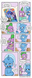 Size: 2600x6277 | Tagged: safe, artist:raph13th, imported from derpibooru, spike, trixie, oc, oc:greg, dragon, pony, comic:glim glam and pals, adorkable twilight and friends fanart, book, comic, crossed arms, dialogue, floppy ears, sad, smiling, smirk, teary eyes, tumblr, underhoof