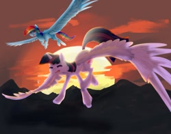 Size: 1011x791 | Tagged: safe, artist:kyuremgirl, artist:sugguk, imported from derpibooru, rainbow dash, twilight sparkle, alicorn, pegasus, pony, collaboration, duo, dusk, flying, flying lesson, mountain, spread wings, sunset, twilight sparkle (alicorn), wings