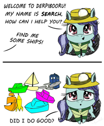 Size: 1038x1251 | Tagged: safe, artist:chopsticks, derpibooru exclusive, imported from derpibooru, oc, oc only, oc:search, earth pony, pony, derpibooru, chibi, clothes, cute, derpibooru ponified, doctor who, enterprise, female, hat, hnnng, literal minded, looking at you, looking up, magnifying glass, meta, offscreen character, ponified, rule 34, searching, ship, shipper on deck, shipping, simple background, sitting, solo, tardis, text