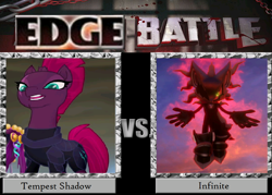 Size: 1008x720 | Tagged: safe, imported from derpibooru, tempest shadow, pony, unicorn, my little pony: the movie, broken horn, crossover, death battle, edge, edge battle, edgy, exploitable meme, eye scar, female, horn, infinite (character), mare, meme, ow the edge, scar, sonic forces, sonic the hedgehog (series)