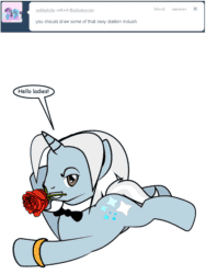 Size: 600x800 | Tagged: safe, artist:dekomaru, imported from derpibooru, oc, oc only, oc:iniduoh, pony, unicorn, tumblr:ask twixie, animated, ask, eyebrow wiggle, flower, gif, male, prone, rose, solo, stallion, tumblr