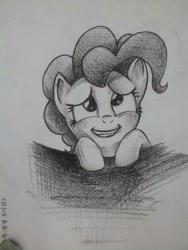 Size: 1224x1632 | Tagged: safe, artist:jchu9151, imported from derpibooru, pinkie pie, earth pony, pony, female, grayscale, mare, monochrome, smiling, solo, traditional art