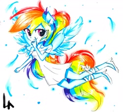 Size: 2243x2045 | Tagged: safe, artist:liaaqila, imported from derpibooru, rainbow dash, fairy, equestria girls, angel, clothes, dress, female, looking at you, mischief, ponied up, simple background, smiling, smirk, solo, traditional art, white background, winged humanization, wings