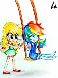 Size: 1121x1492 | Tagged: safe, artist:liaaqila, imported from derpibooru, applejack, rainbow dash, equestria girls, appledash, duo, female, lesbian, looking back, shipping, swing, traditional art, younger