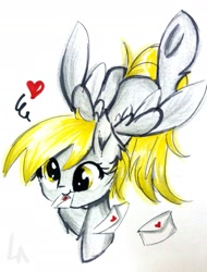 Size: 2059x2710 | Tagged: safe, artist:liaaqila, imported from derpibooru, derpy hooves, pegasus, pony, cute, derpabetes, female, floating heart, heart, high res, letter, mare, mouth hold, solo, traditional art